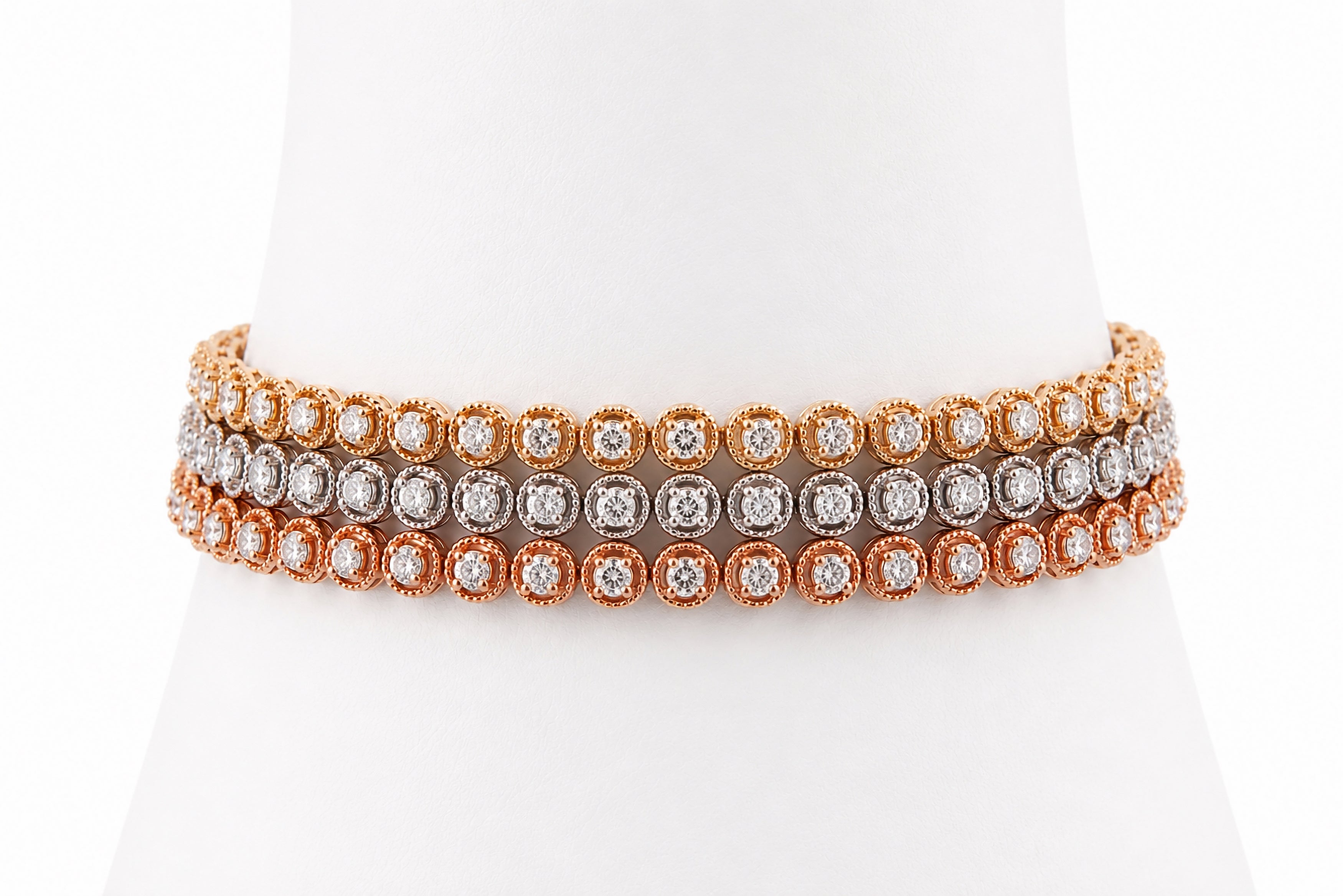 14K White, Rose, and Yellow Gold Diamond Bracelet Set Featuring 2.40ctw per Bracelet