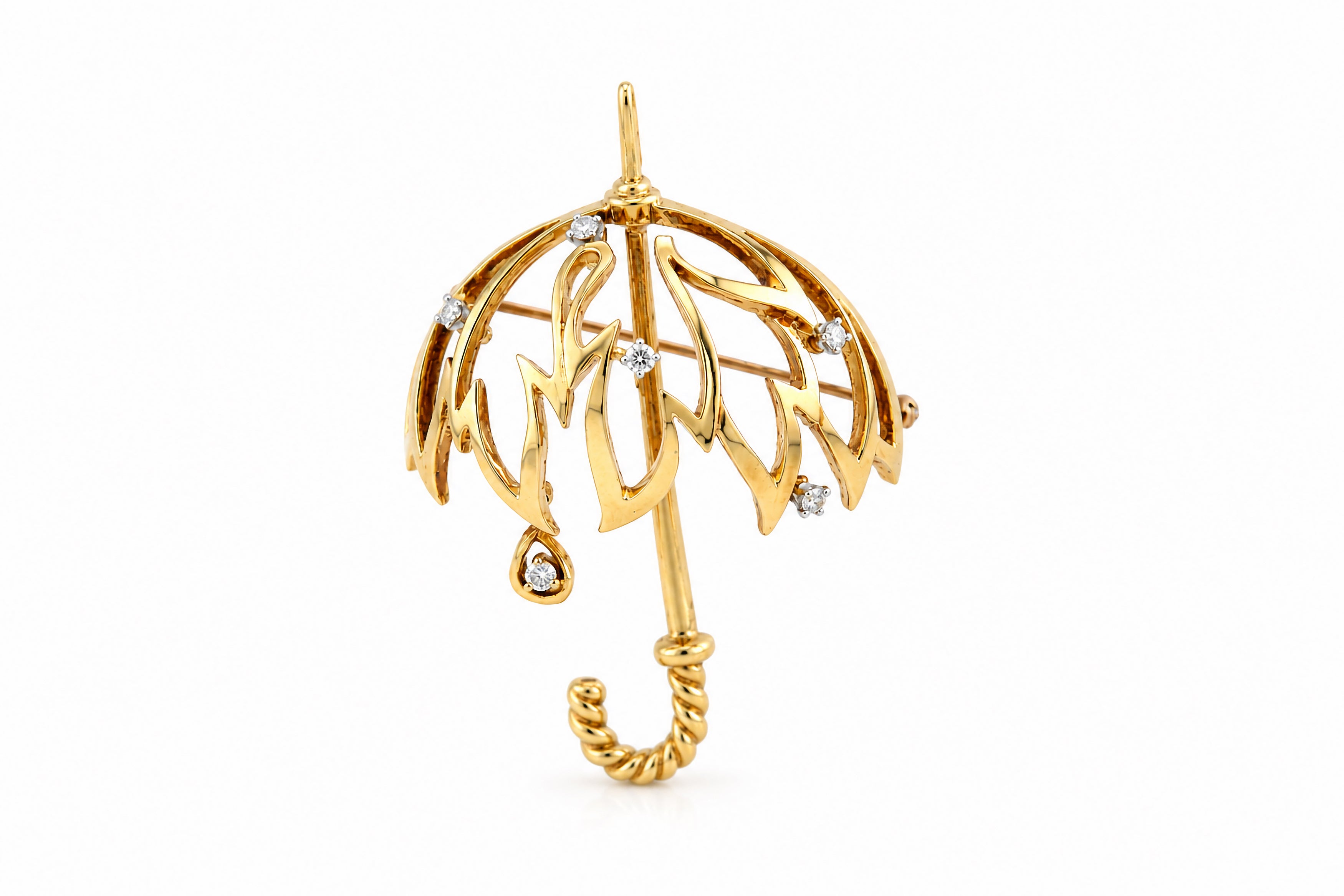 18K Yellow Gold Kurt Wayne Diamond Umbrella Brooch Featuring .25ctw Diamonds, Weighing 13 Grams