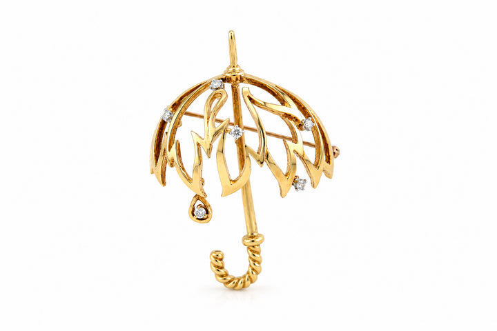 18K Yellow Gold Kurt Wayne Diamond Umbrella Brooch Featuring .25ctw Diamonds, Weighing 13 Grams
