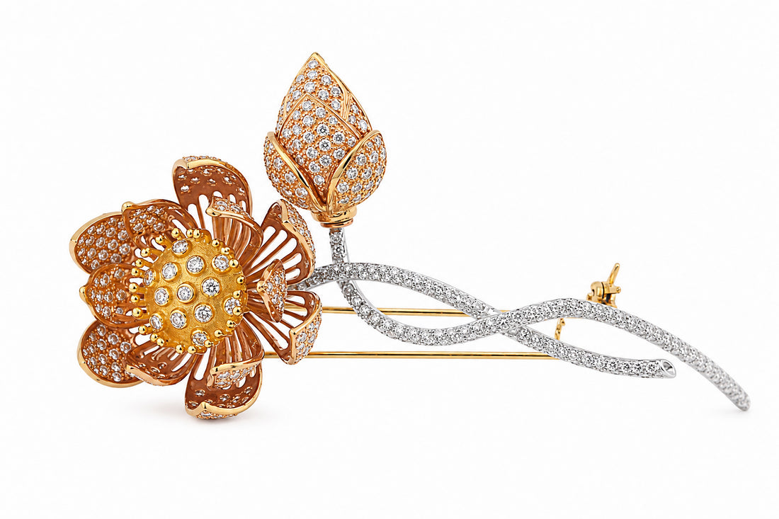 18K White, Yellow, and Rose Gold Diamond Brooch Featuring 4.50ctw Diamonds, 4" Long flower lapel
