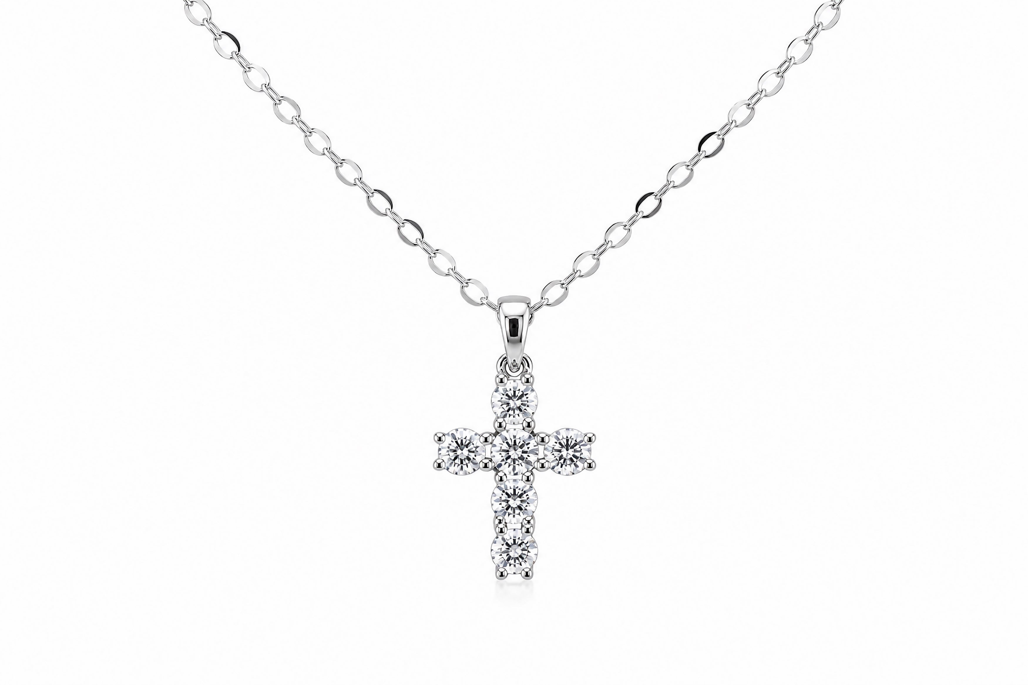 14K White Gold Diamond Cross Pendant Featuring .21ctw to .55ctw Diamonds, Adjustable 17–18" Chain, Approximately ˝" Long, Available in Round or Princess Cut