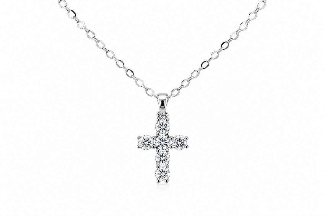 14K White Gold Diamond Cross Pendant Featuring .21ctw to .55ctw Diamonds, Adjustable 17–18" Chain, Approximately ˝" Long, Available in Round or Princess Cut