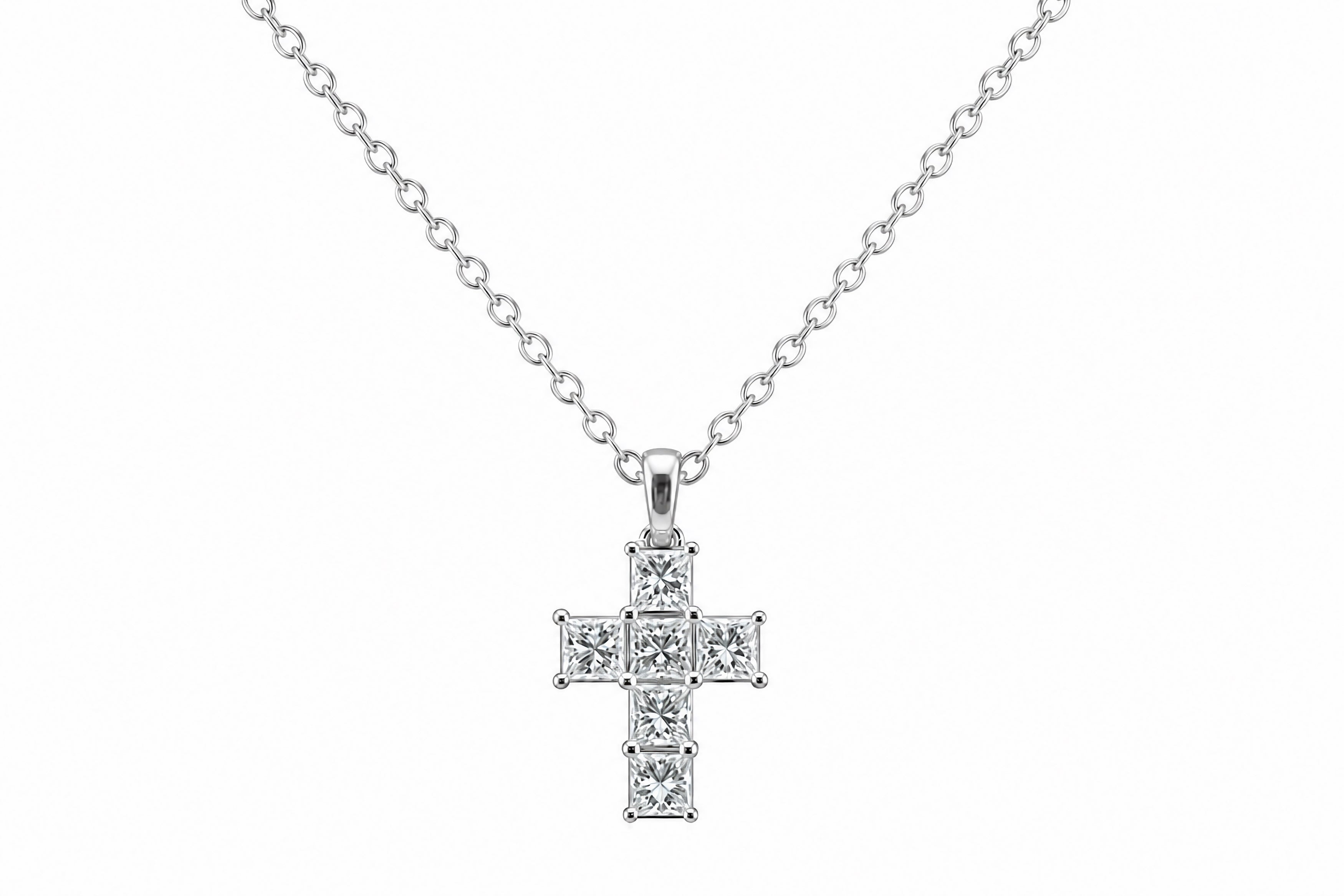 14K White Gold Diamond Cross Pendant Featuring .21ctw to .55ctw Diamonds, Adjustable 17–18" Chain, Approximately ˝" Long, Available in Round or Princess Cut