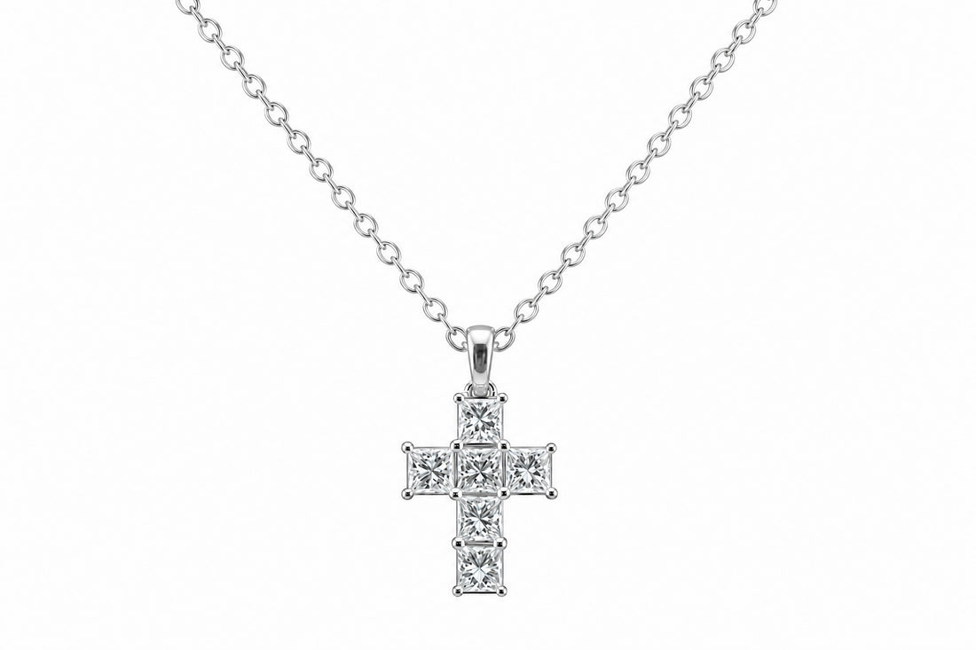 14K White Gold Diamond Cross Pendant Featuring .21ctw to .55ctw Diamonds, Adjustable 17–18" Chain, Approximately ˝" Long, Available in Round or Princess Cut