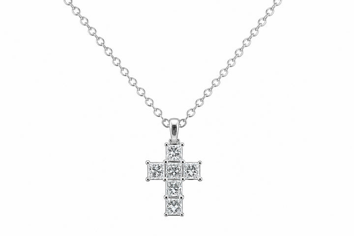 14K White Gold Diamond Cross Pendant Featuring .21ctw to .55ctw Diamonds, Adjustable 17–18" Chain, Approximately ˝" Long, Available in Round or Princess Cut