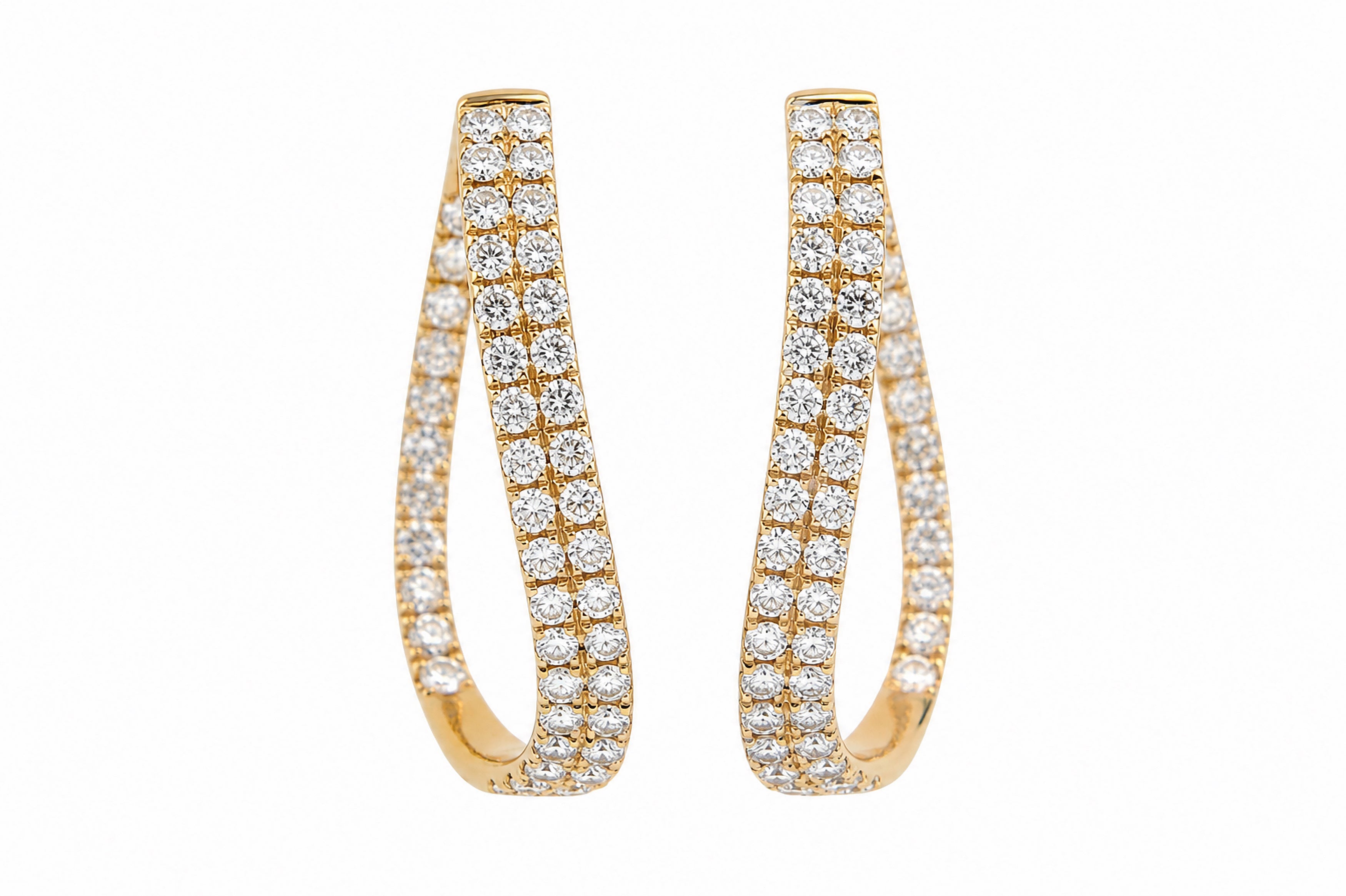 14K Yellow Gold Two-Row Mirrored Diamond Hoop Earrings Featuring 3.72ctw Diamonds, Also Available in White Gold. wavy