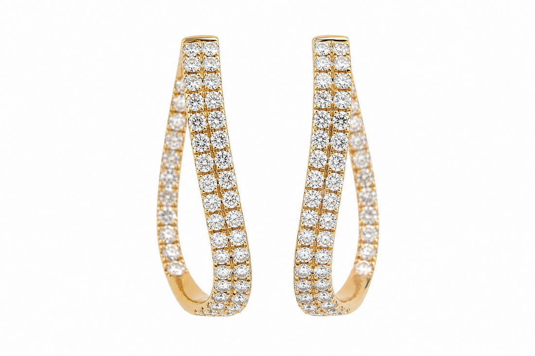 14K Yellow Gold Two-Row Mirrored Diamond Hoop Earrings Featuring 3.72ctw Diamonds, Also Available in White Gold. wavy