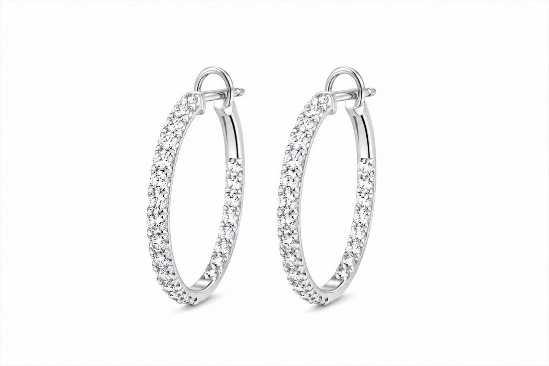 18K White Gold Diamond Hoop Earrings Featuring 1.04ctw Fine Diamonds, 1" Diameter