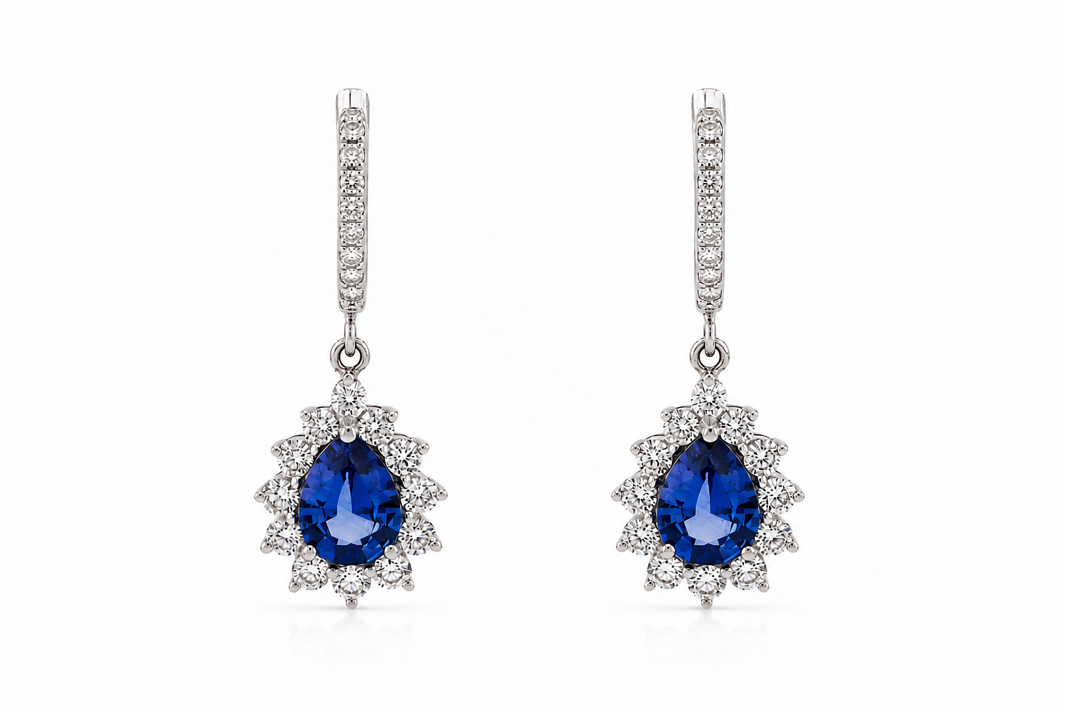 18K White Gold Drop Earrings Featuring 1.71ct Pear-Shaped Ceylon Sapphires and .95ctw Diamonds. dangle