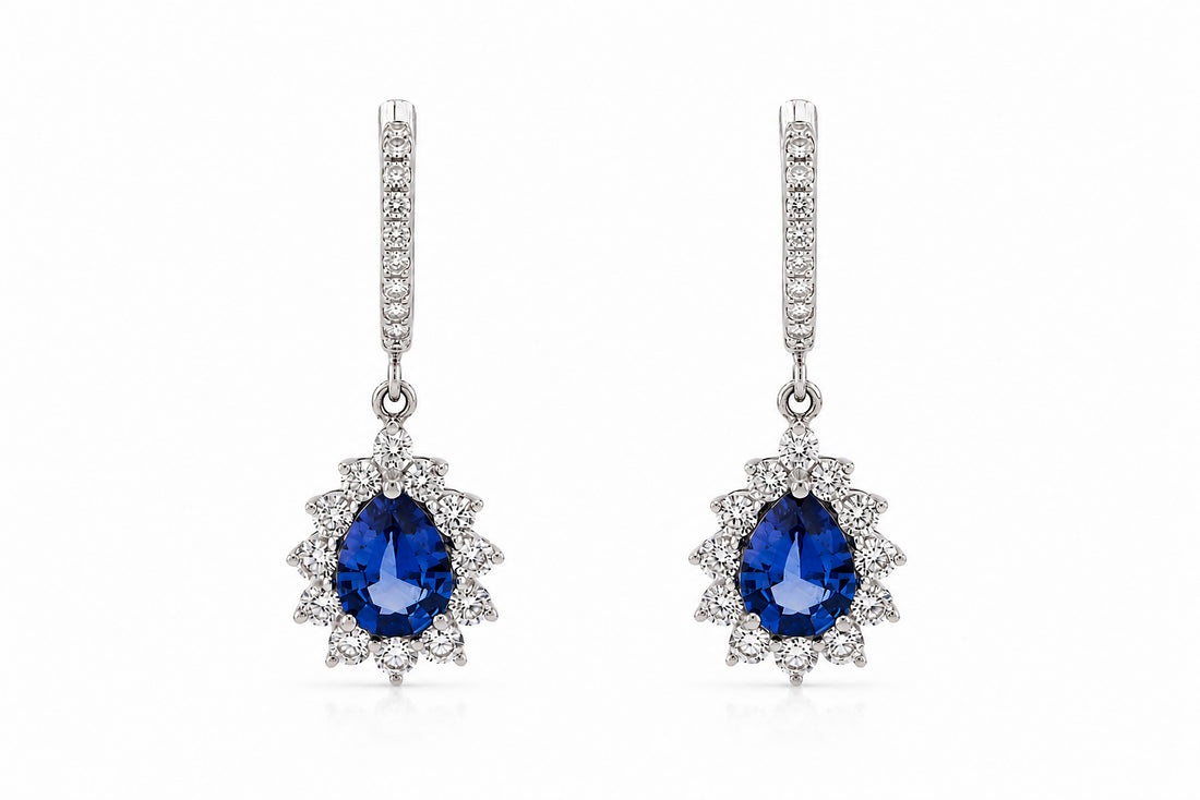 18K White Gold Drop Earrings Featuring 1.71ct Pear-Shaped Ceylon Sapphires and .95ctw Diamonds. dangle
