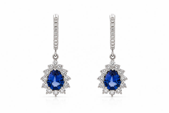 18K White Gold Drop Earrings Featuring 1.71ct Pear-Shaped Ceylon Sapphires and .95ctw Diamonds. dangle