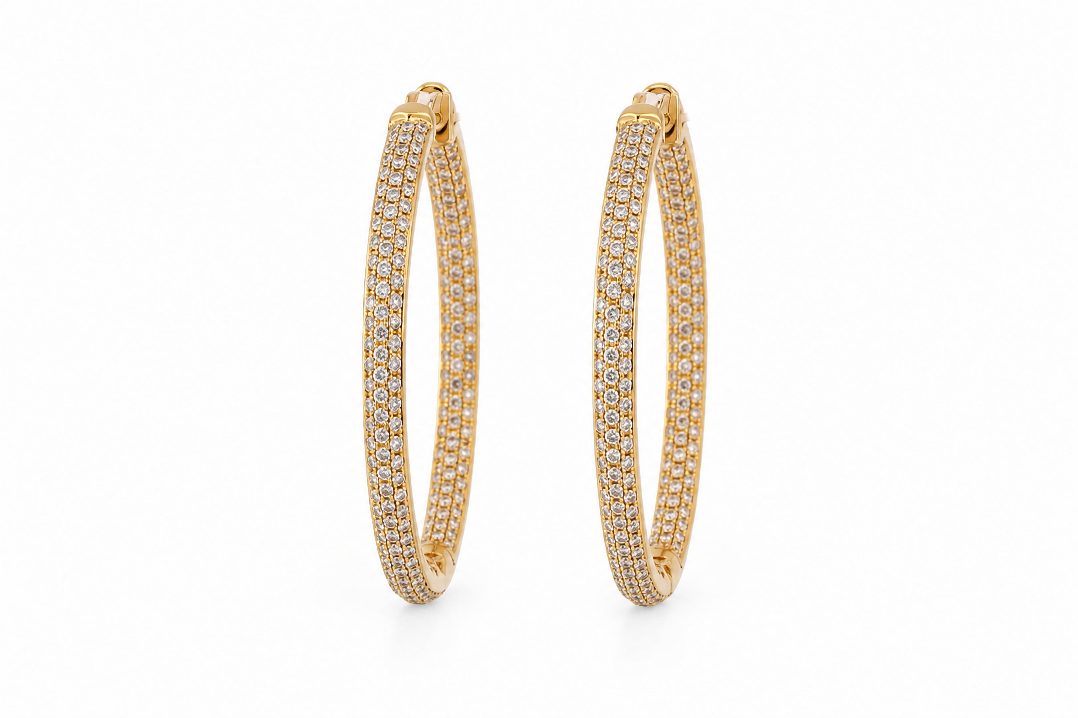 18K Yellow Gold Pavé Diamond Hoop Earrings Featuring 4.50ctw Diamonds, 2" Diameter, Inside and Outside Set