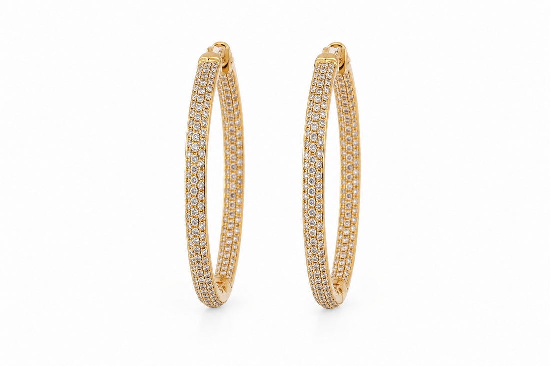 18K Yellow Gold Pavé Diamond Hoop Earrings Featuring 4.50ctw Diamonds, 2" Diameter, Inside and Outside Set