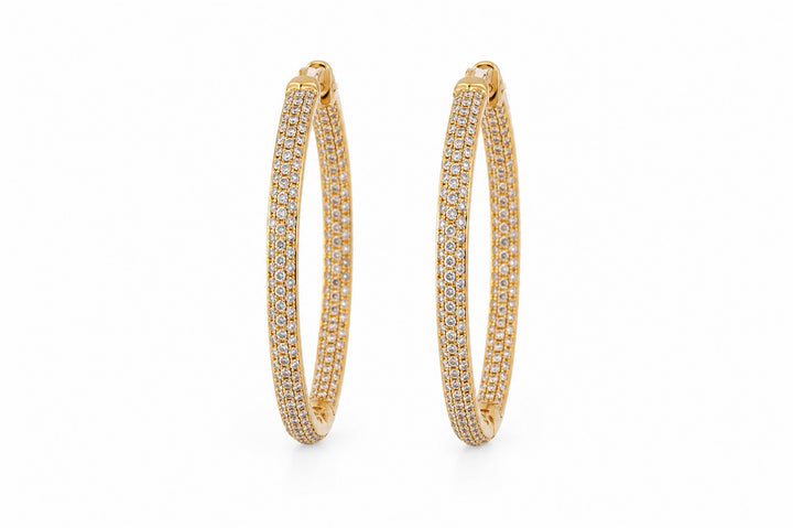 18K Yellow Gold Pavé Diamond Hoop Earrings Featuring 4.50ctw Diamonds, 2" Diameter, Inside and Outside Set