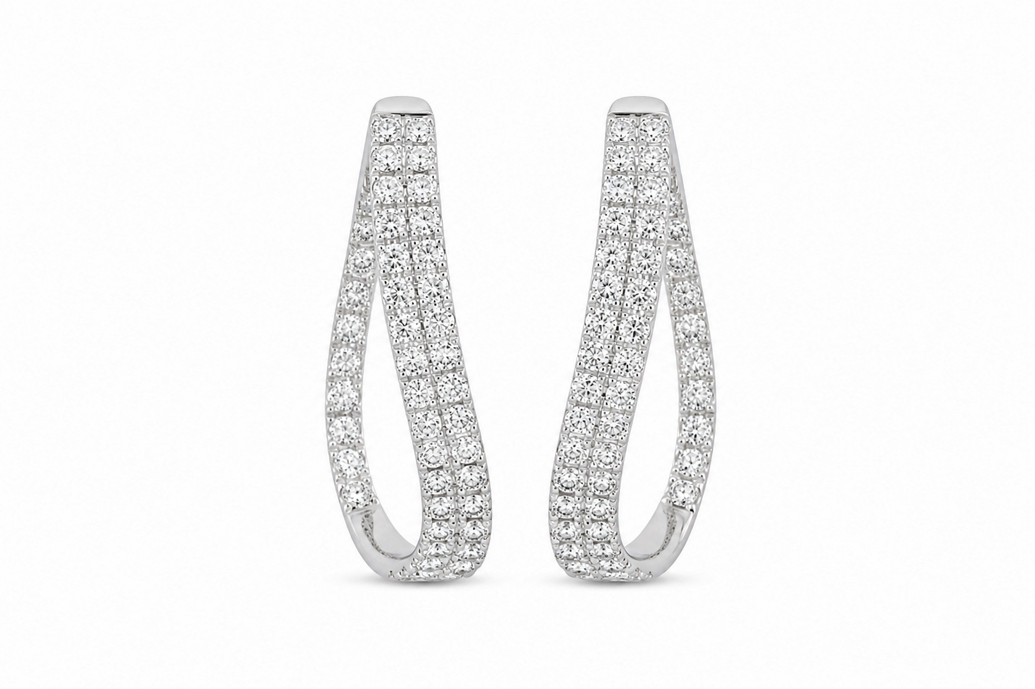 14K White Gold Two-Row Mirrored Diamond Hoop Earrings Featuring 3.72ctw Diamonds, Also Available in Yellow Gold wavy