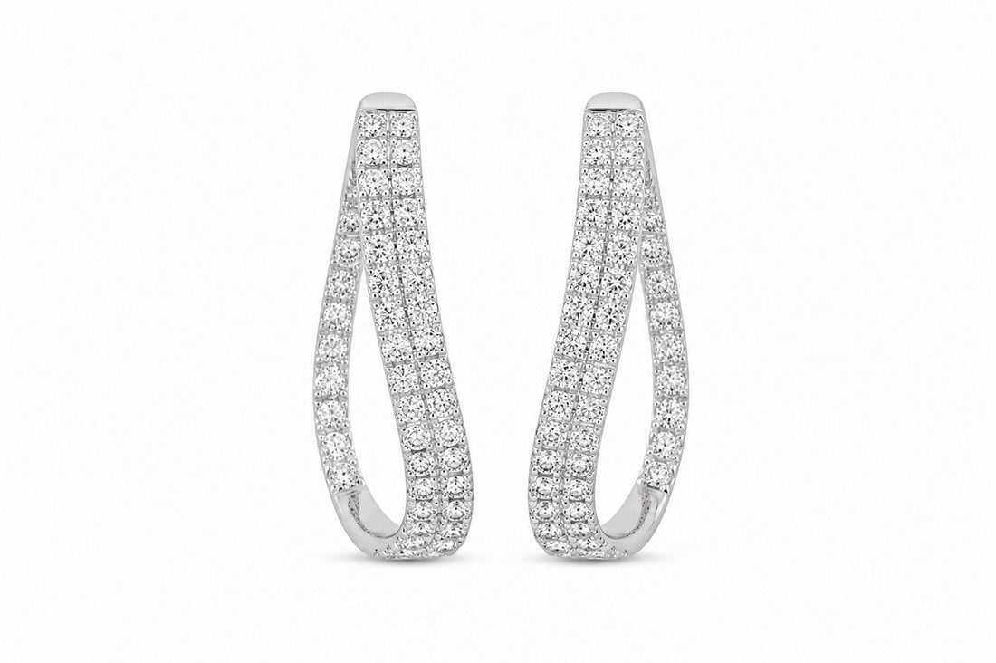 14K White Gold Two-Row Mirrored Diamond Hoop Earrings Featuring 3.72ctw Diamonds, Also Available in Yellow Gold wavy