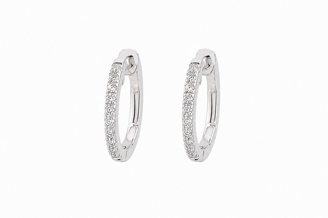 14K White Gold Diamond Huggie Hoop Earrings Featuring .11ctw Diamonds, 3/8" Long