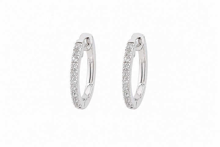 14K White Gold Diamond Huggie Hoop Earrings Featuring .11ctw Diamonds, 3/8" Long
