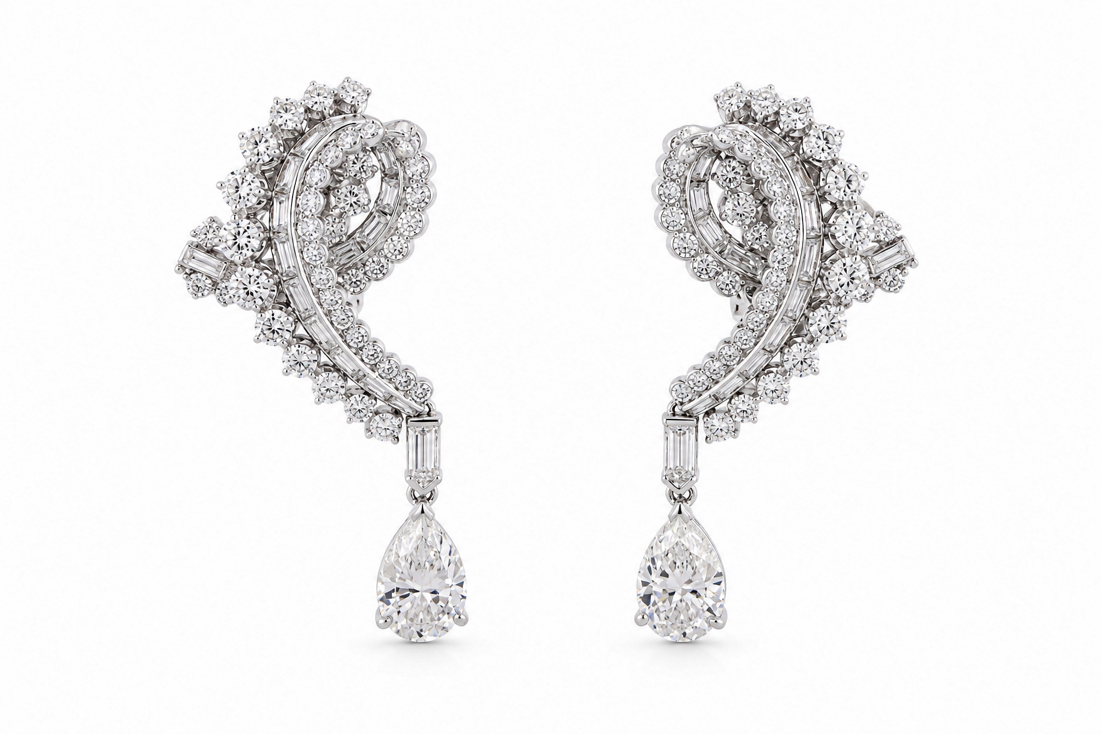 Diamond Earrings Featuring a 2.03ct GIA-Certified E VS1 Pear-Shaped Diamond, a 2.11ct GIA-Certified E VS1 Pear-Shaped Diamond, 4.34ctw Round Diamonds, .61ctw Baguette Diamonds, and .60ctw Bullet-Shaped Diamonds (Convertible Non-Pierced)