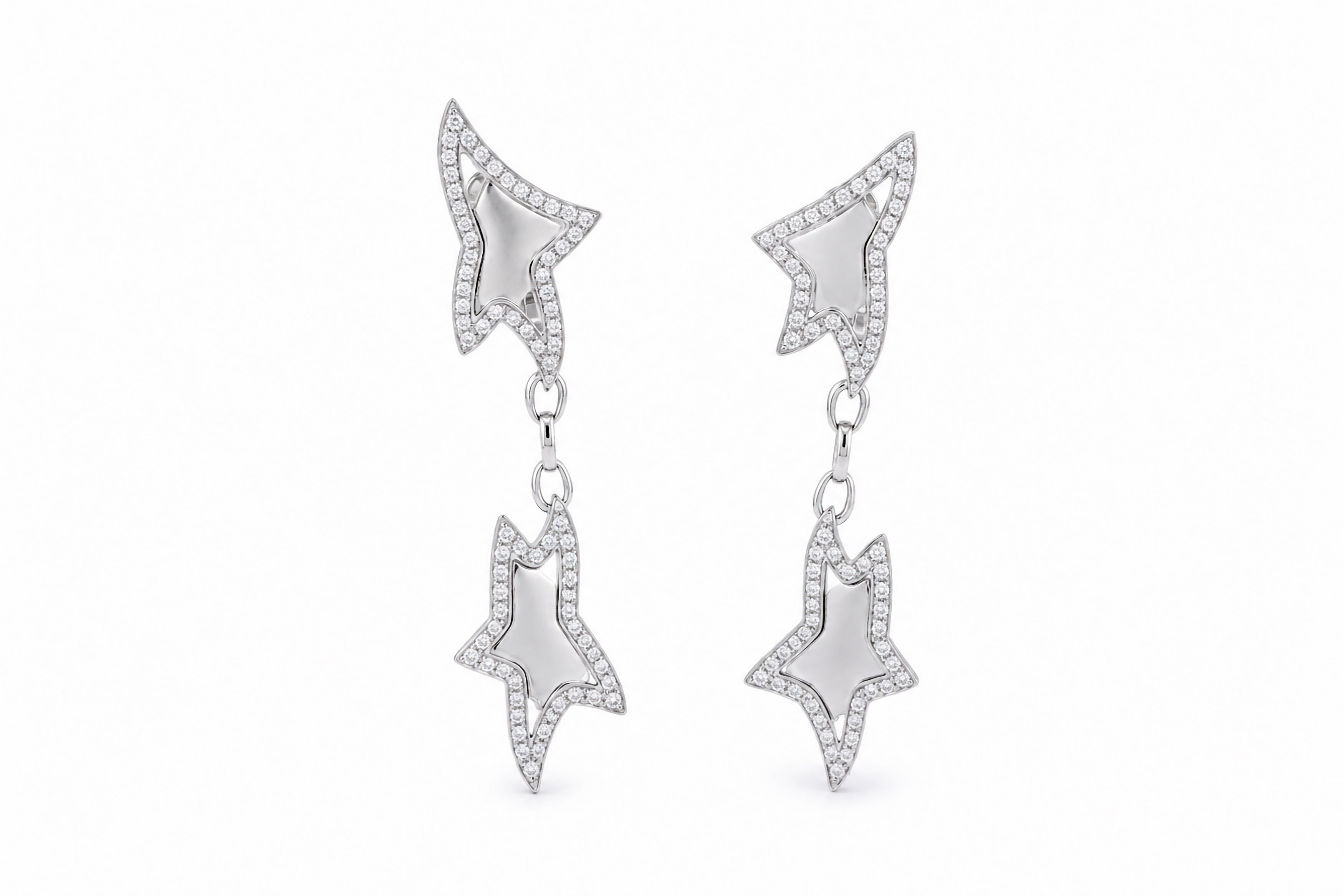 18K White Gold Diamond Star Drop Earrings Featuring 4.50ctw Diamonds, 3˝" Long