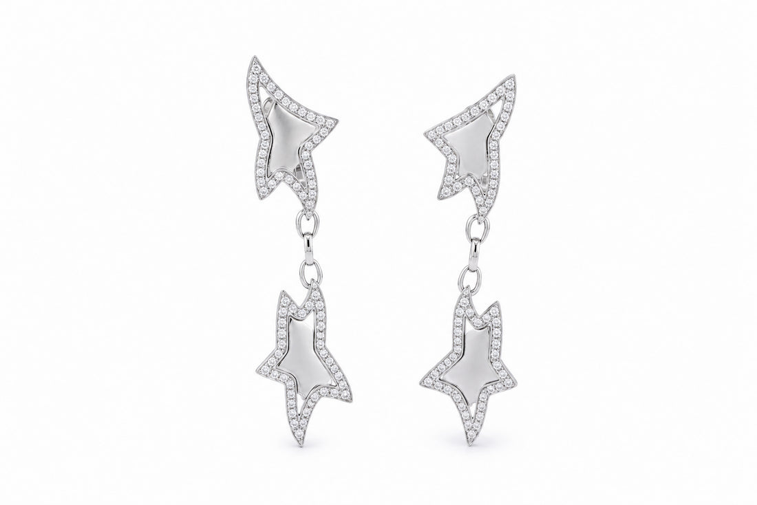 18K White Gold Diamond Star Drop Earrings Featuring 4.50ctw Diamonds, 3˝" Long