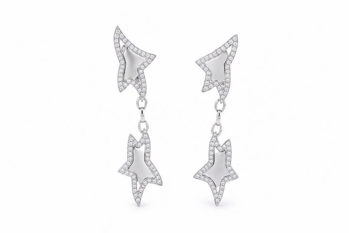 18K White Gold Diamond Star Drop Earrings Featuring 4.50ctw Diamonds, 3˝" Long